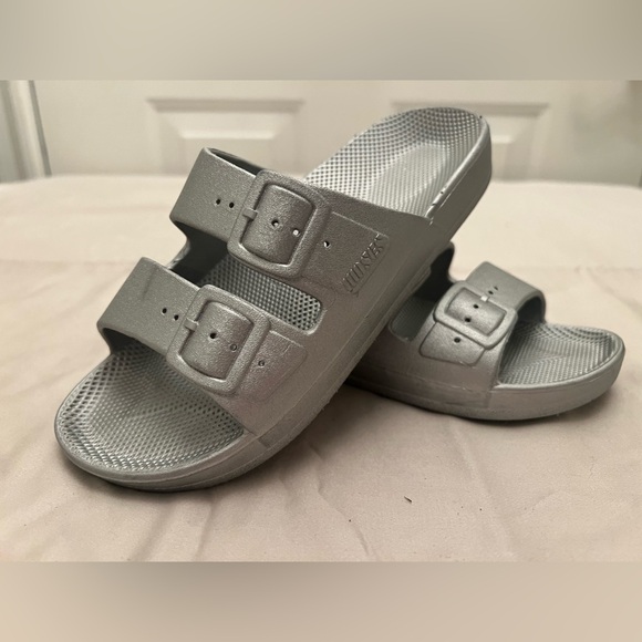 Silver slides. Girls sz 32/33. EUC - Picture 2 of 6